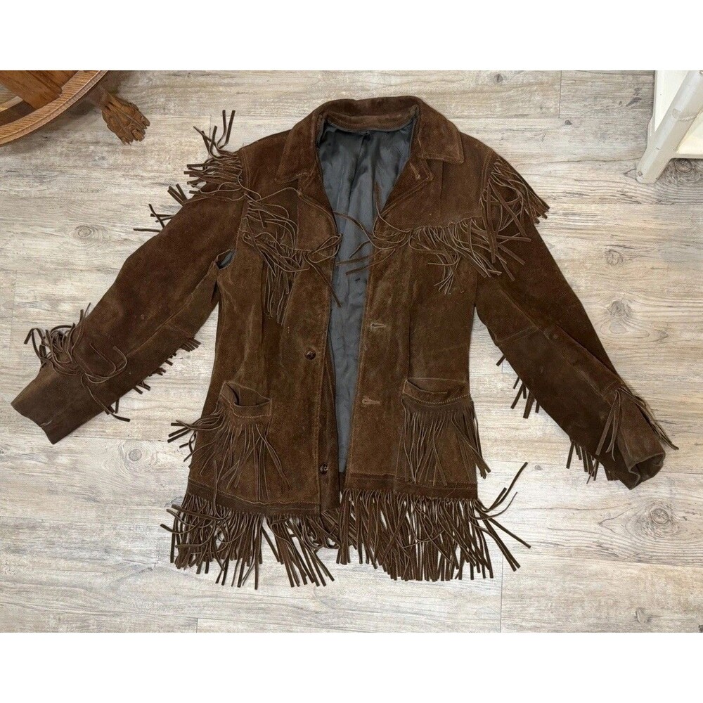Brown Suede Fringe Vintage Jacket Women Retro Western Outerwear - Needs Repair